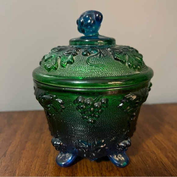 MCM Jeanette Blue Green Footed Covered Candy Bowl Grapes Motif - Picture 1 of 12